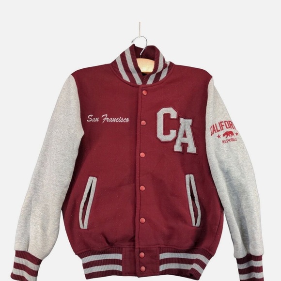 Burgundy and Gray Varsity Jacket - Picture 1 of 11